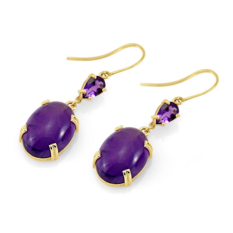 18 Carat Yellow Gold Cabochon Cut Oval Amethyst Dangle Drop Earrings For Sale at 1stDibs