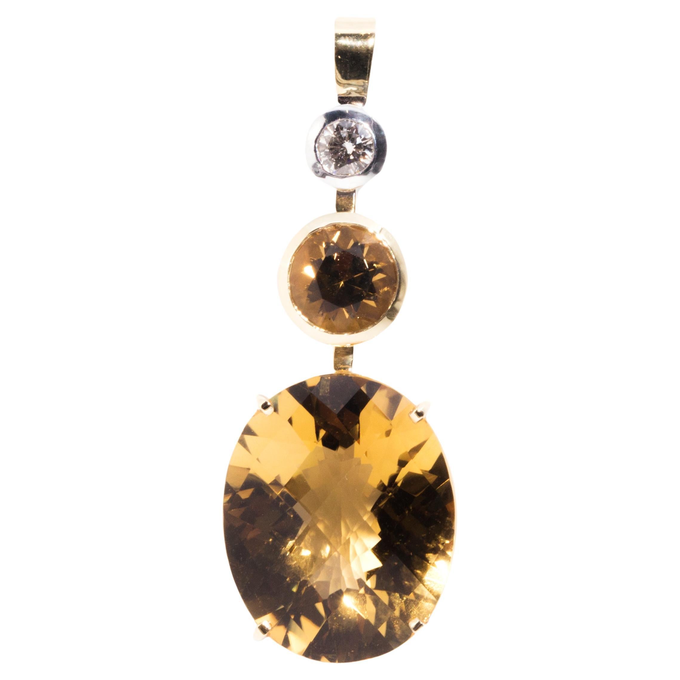 18 Carat Yellow Gold Checkerboard Citrine and Diamond Vintage Drop Style Pendant For Sale