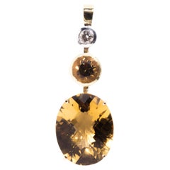 18 Carat Yellow Gold Checkerboard Citrine and Diamond Vintage Drop Style Pendant