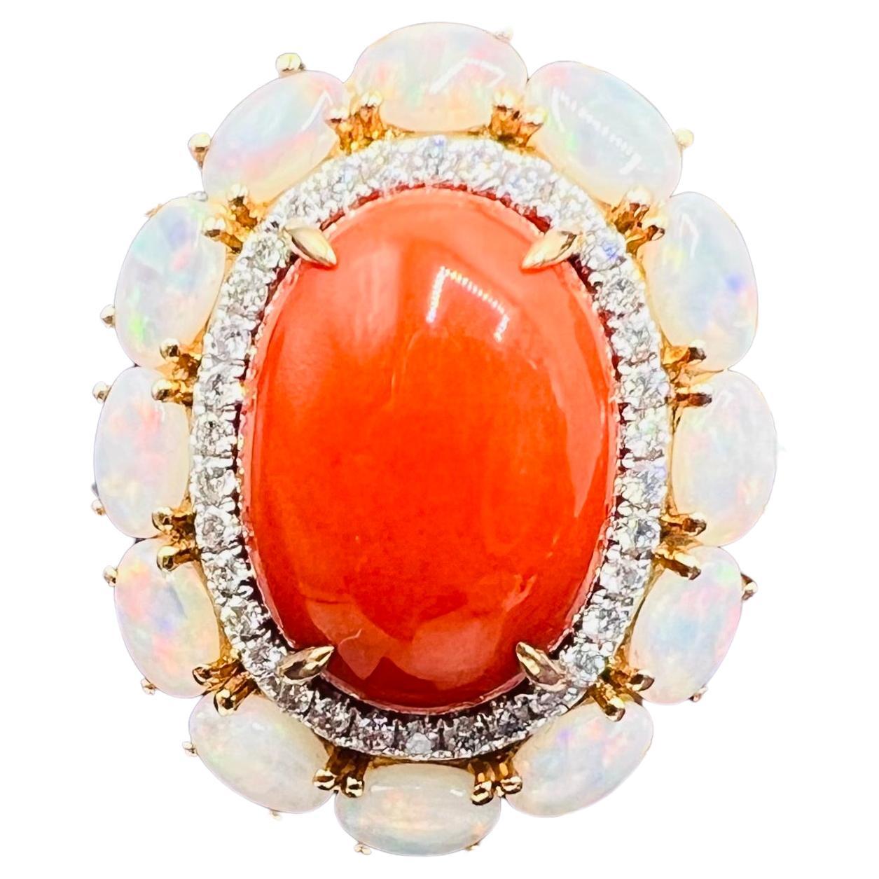 18- Carat Yellow Gold Cocktail Ring, Cabochon Coral Beautiful Red Opal Diamonds