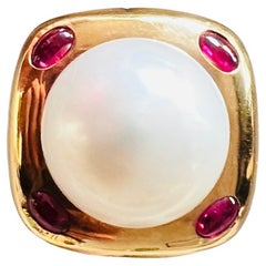 18 Carat Yellow Gold Cocktail Ring Set With A South Sea Pearl Ruby Cabochon