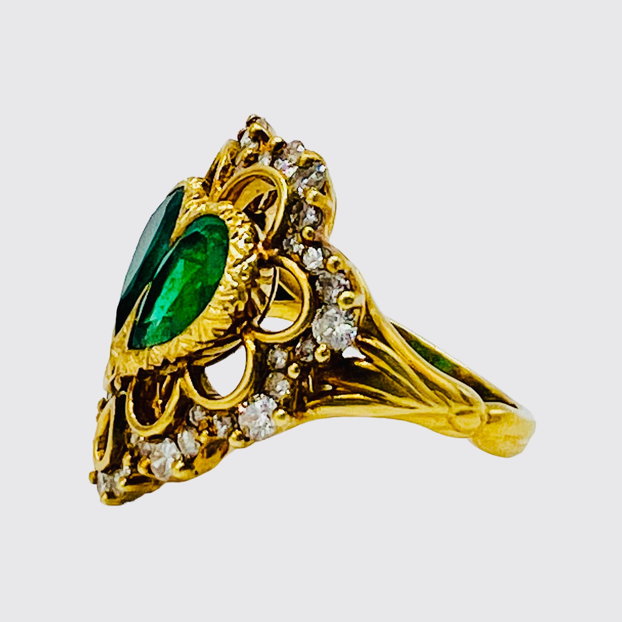 Women's 18-Carat Yellow Gold Cocktail Ring Set with Two Emeralds and Diamonds