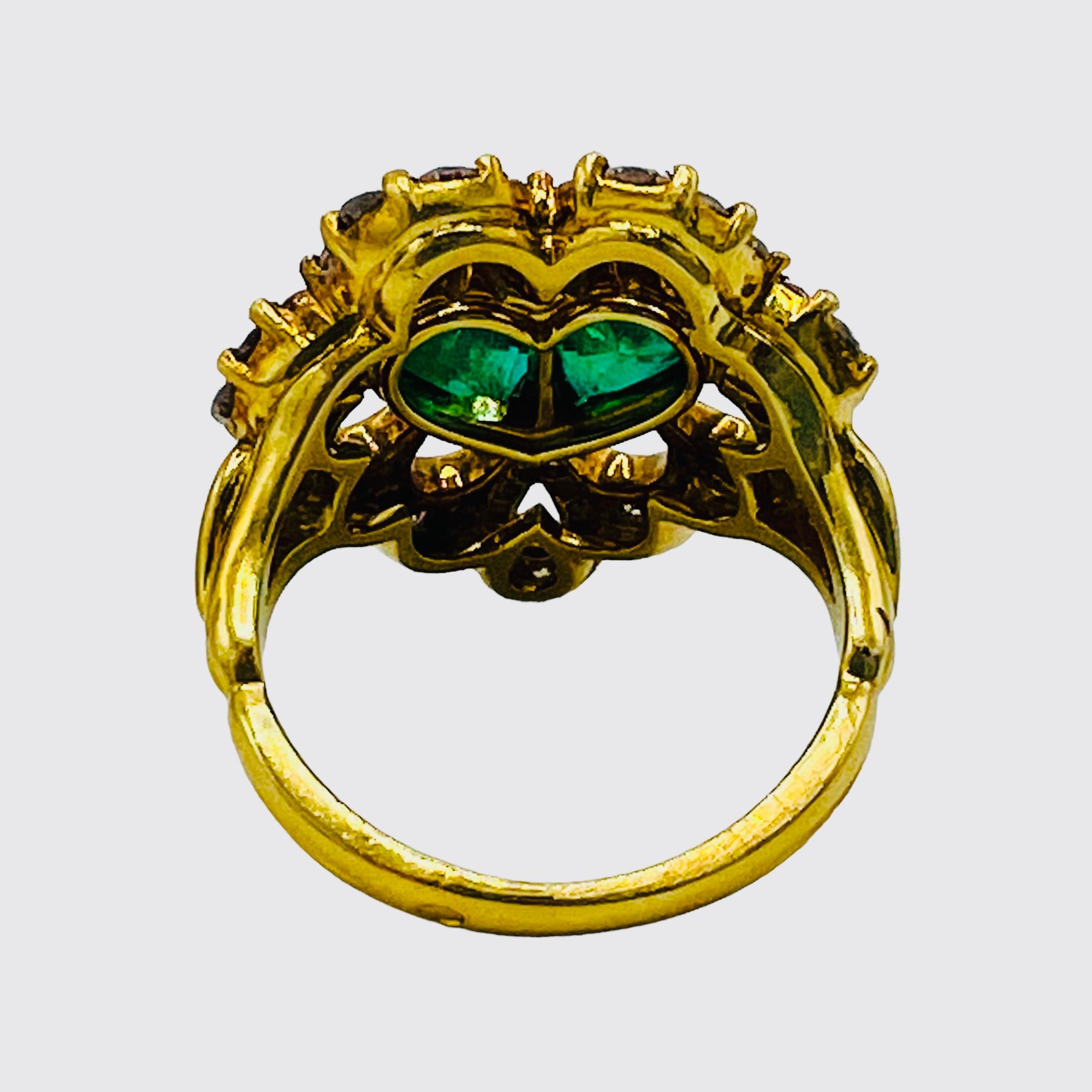 18-Carat Yellow Gold Cocktail Ring Set with Two Emeralds and Diamonds 2