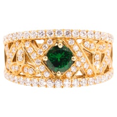 18 Carat Yellow Gold Deep Green Tsavorite and Diamond Vintage Cluster Band Ring