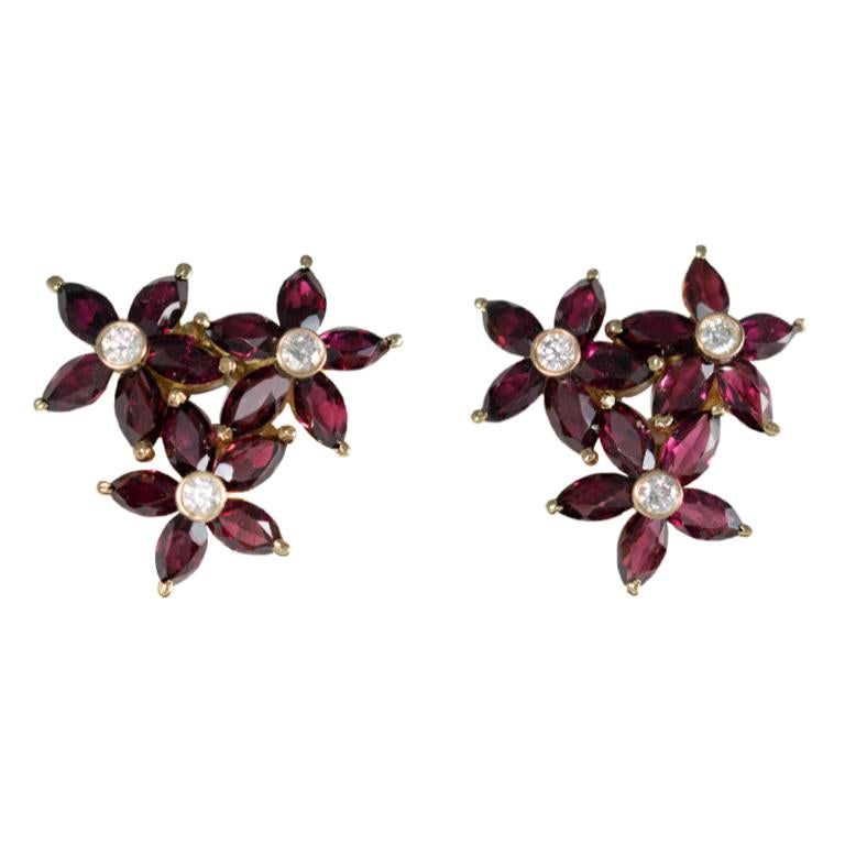 18 Carat Yellow Gold Diamond and Garnet Cluster Earrings For Sale