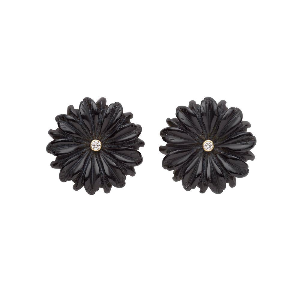 18 Carat Yellow Gold, Diamond and Hand Carved Onyx Daisy Flower Earrings For Sale