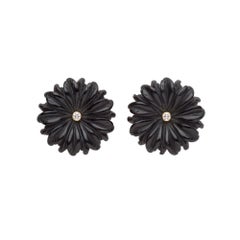 18 Carat Yellow Gold, Diamond and Hand Carved Onyx Daisy Flower Earrings