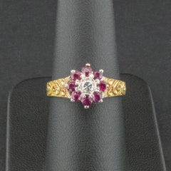 18 Carat Yellow Gold Diamond and Ruby Cluster Ring Size Uk O 1/2 5.3g