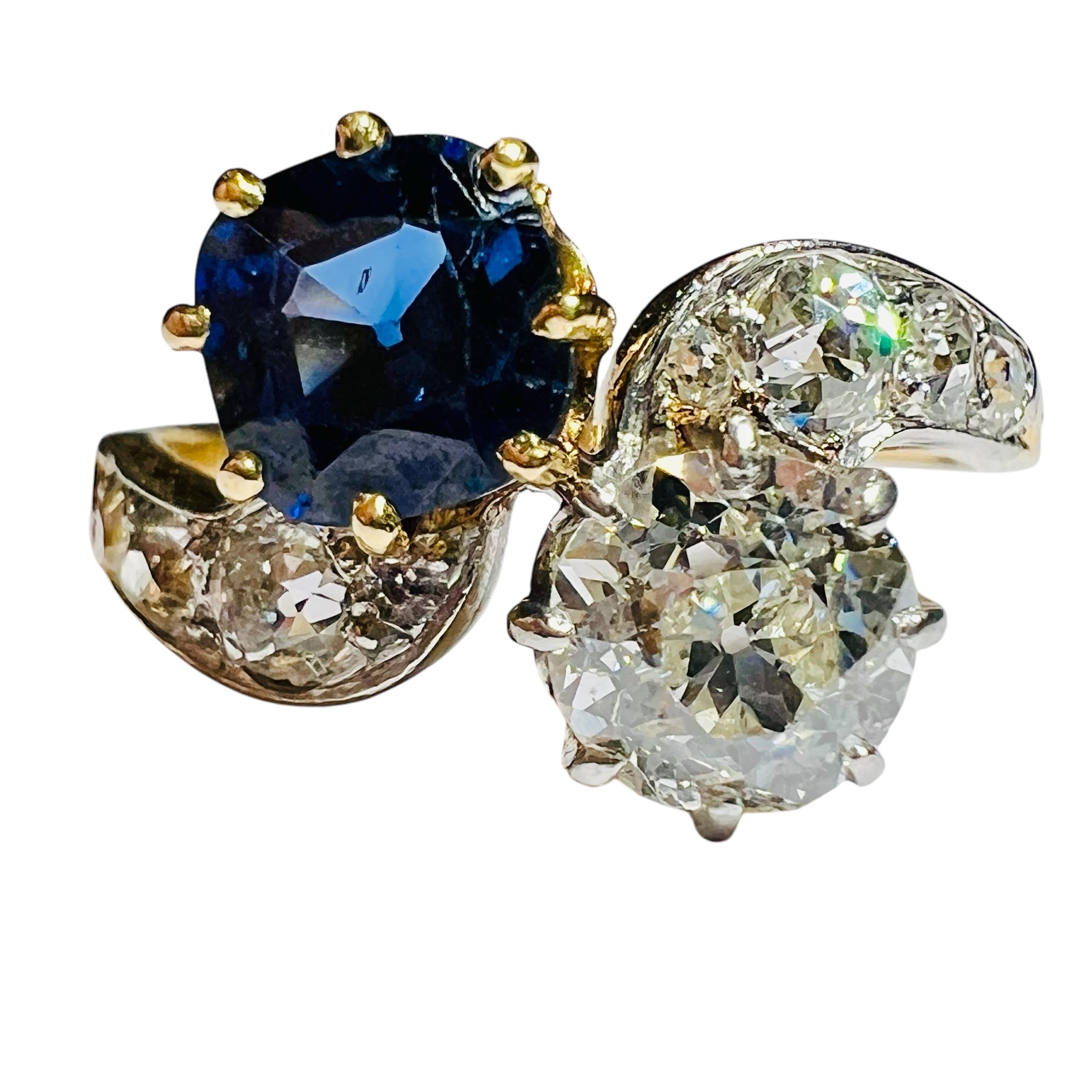 Verlobungsring aus 18 Karat Gelbgold mit Diamanten und Saphiren, Napoleon III.-Periode Damen im Angebot