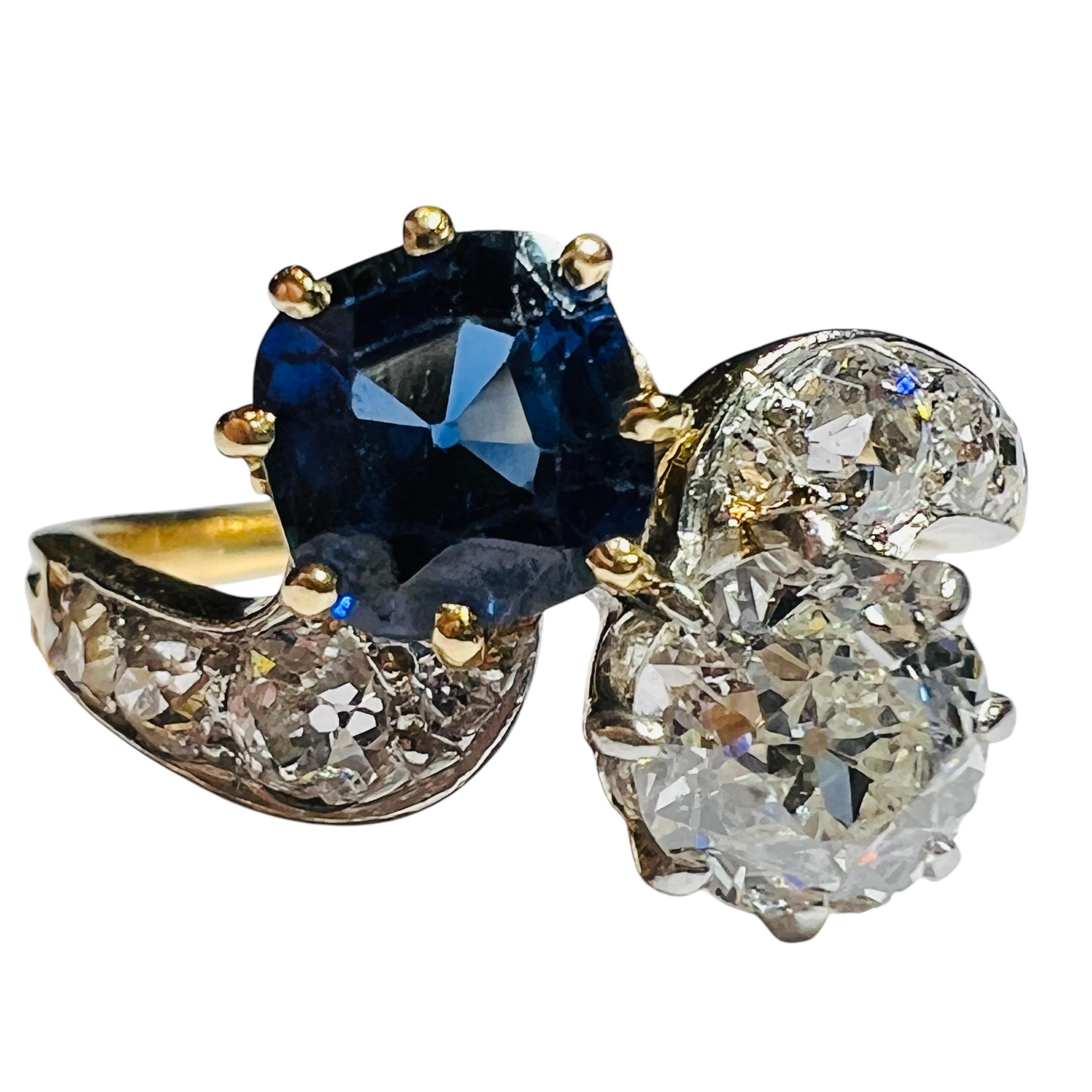 Verlobungsring aus 18 Karat Gelbgold mit Diamanten und Saphiren, Napoleon III.-Periode im Angebot 1