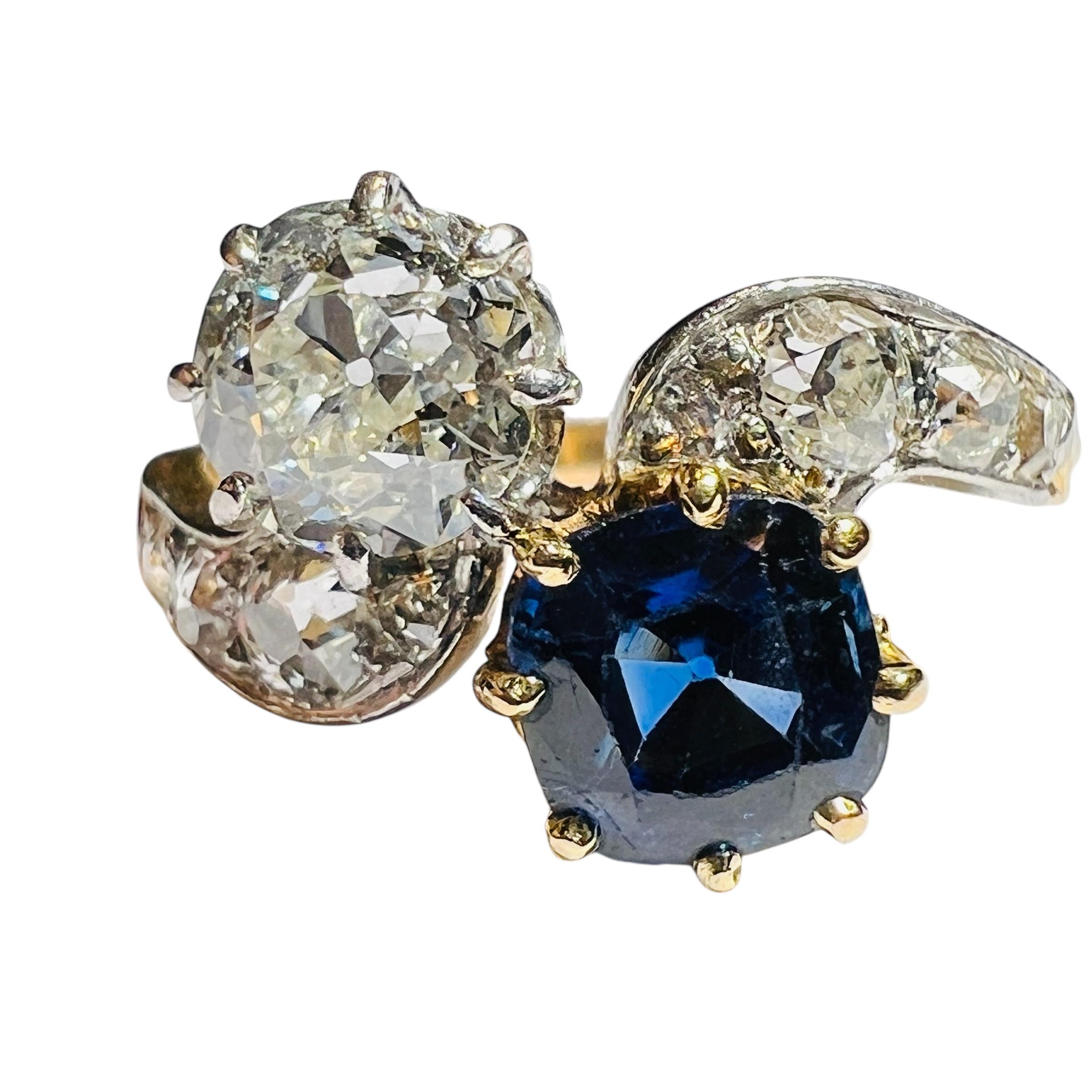 Verlobungsring aus 18 Karat Gelbgold mit Diamanten und Saphiren, Napoleon III.-Periode im Angebot 3