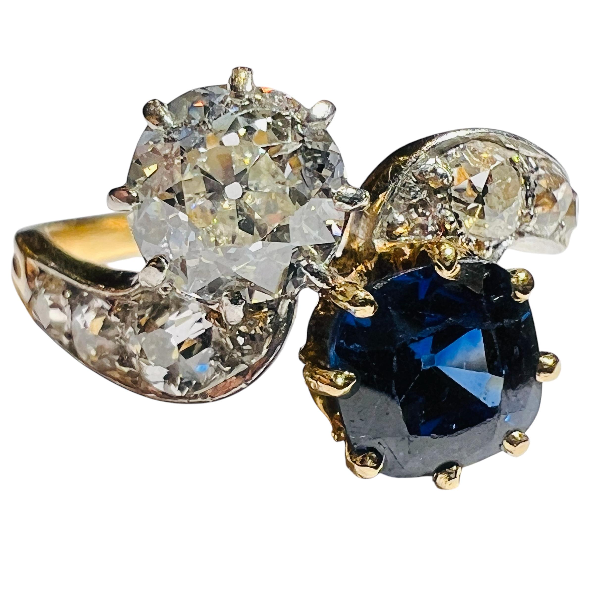 Verlobungsring aus 18 Karat Gelbgold mit Diamanten und Saphiren, Napoleon III.-Periode im Angebot 4