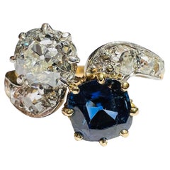 Anello di fidanzamento con diamante e zaffiro in oro giallo 18 carati, periodo Napoleone III