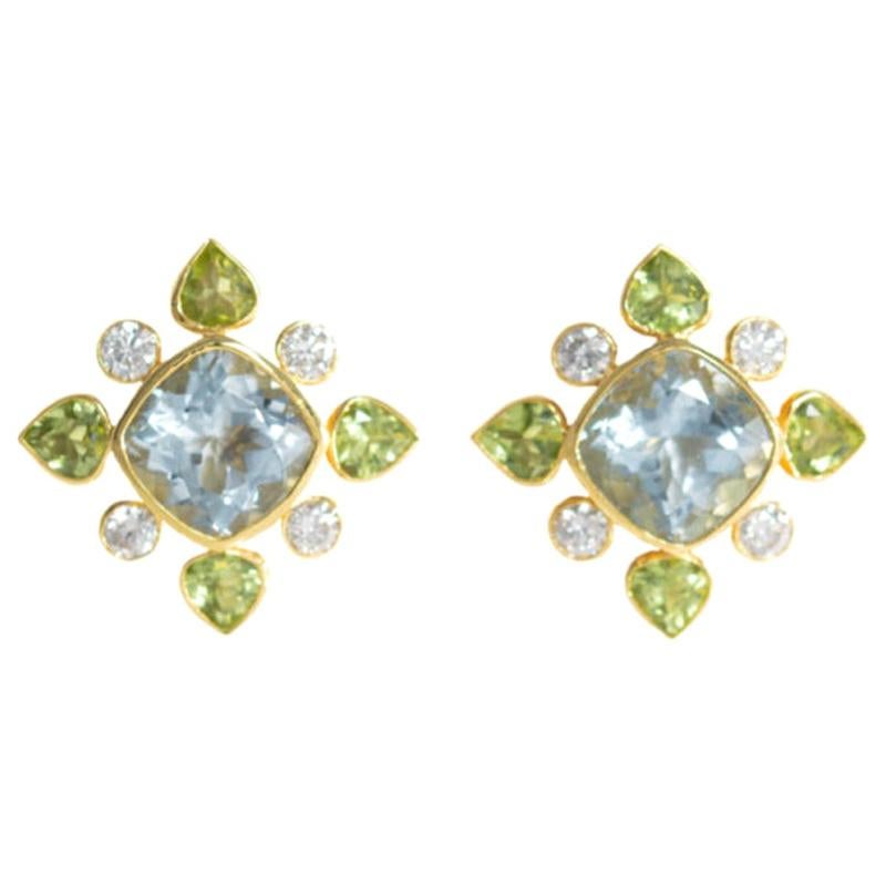 18 Carat Yellow Gold Diamond, Aquamarine and Peridot Earrings