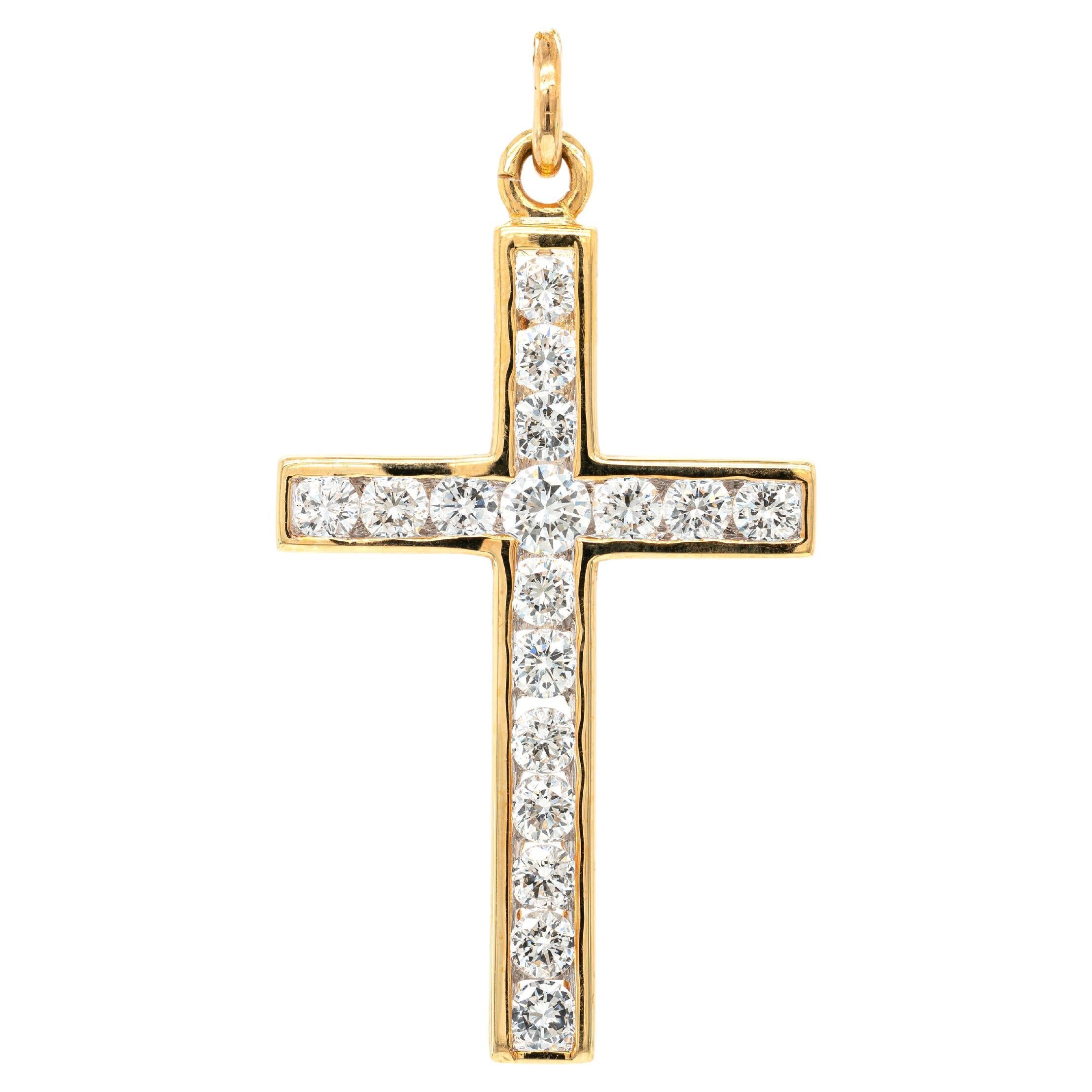 18 Carat Yellow Gold Diamond Cross Pendant For Sale