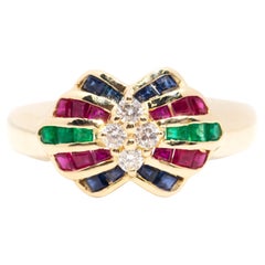 18 Carat Yellow Gold Diamond Ruby Sapphire and Emerald Cluster Dress Ring