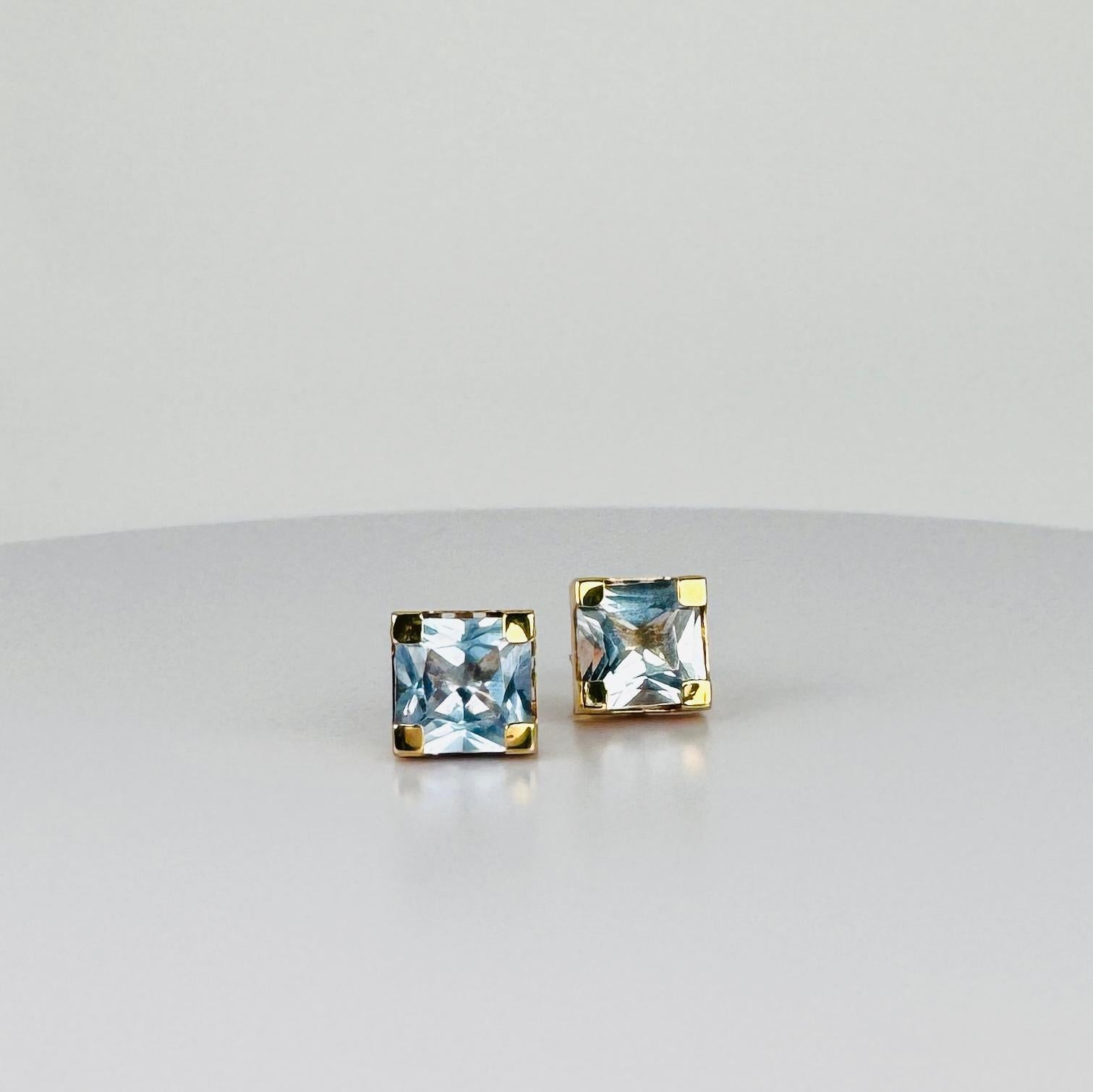 18 carat yellow gold earrings with square faceted aquamarines 4 carat 2