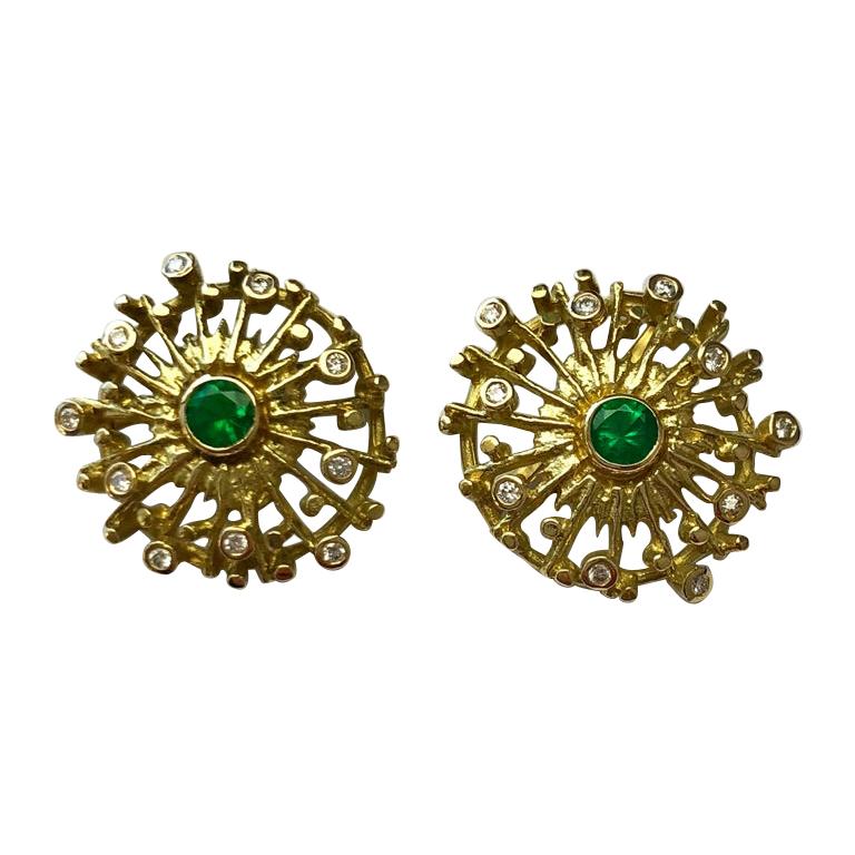 18 Carat Yellow Gold Emerald and Diamond Earrings For Sale