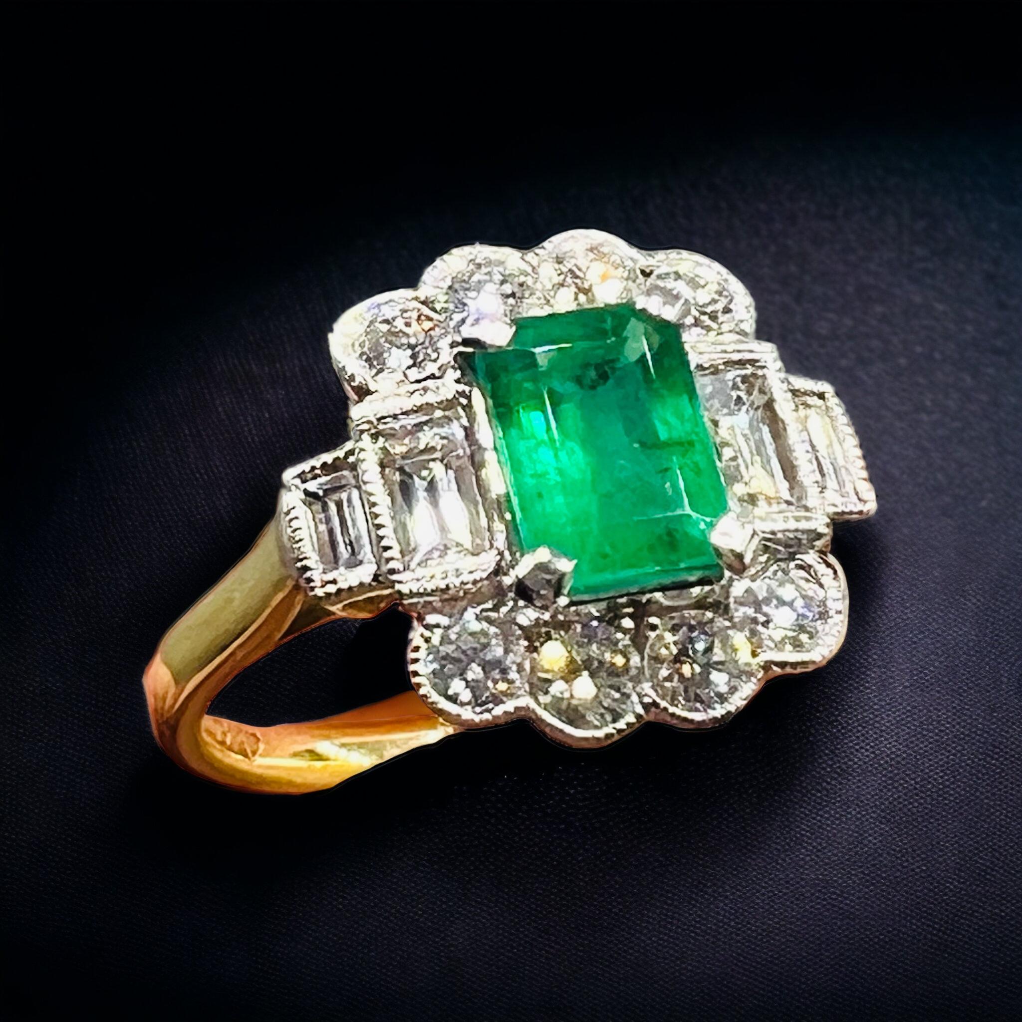 18 Carat Yellow Gold Emerald And Diamond Engagement Ring For Sale at ...