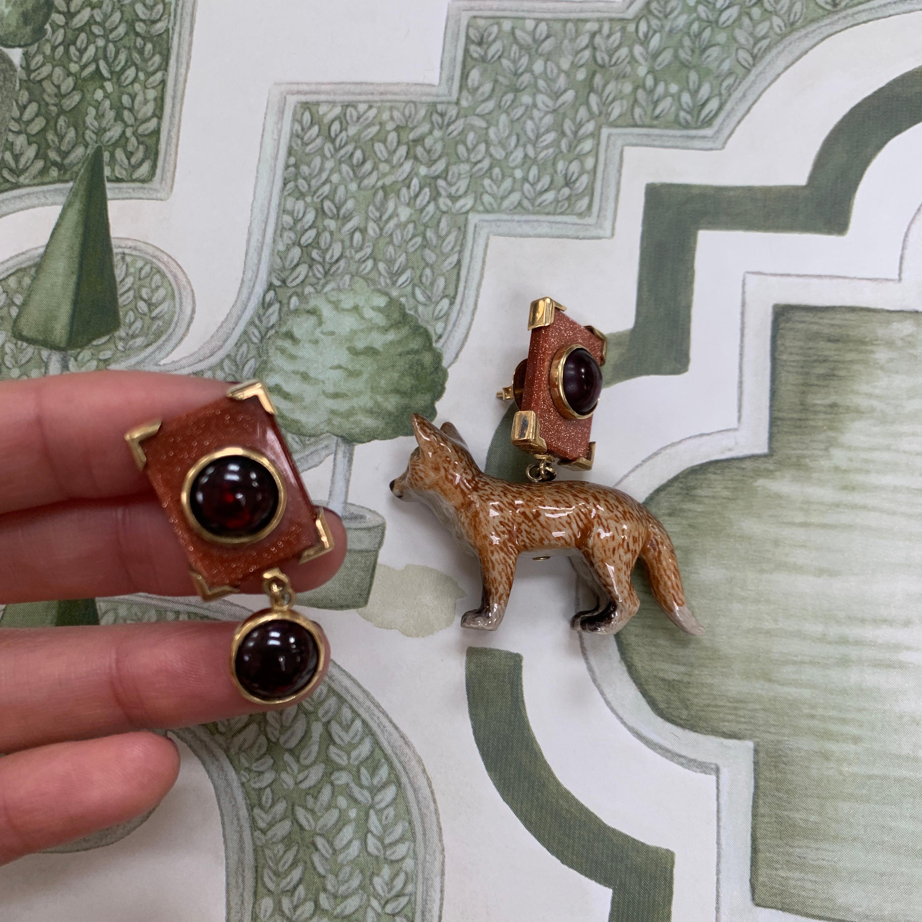 Women's 18 Carat Yellow Gold, Garnet, Goldstone and Painted Porcelain Fox Earrings For Sale