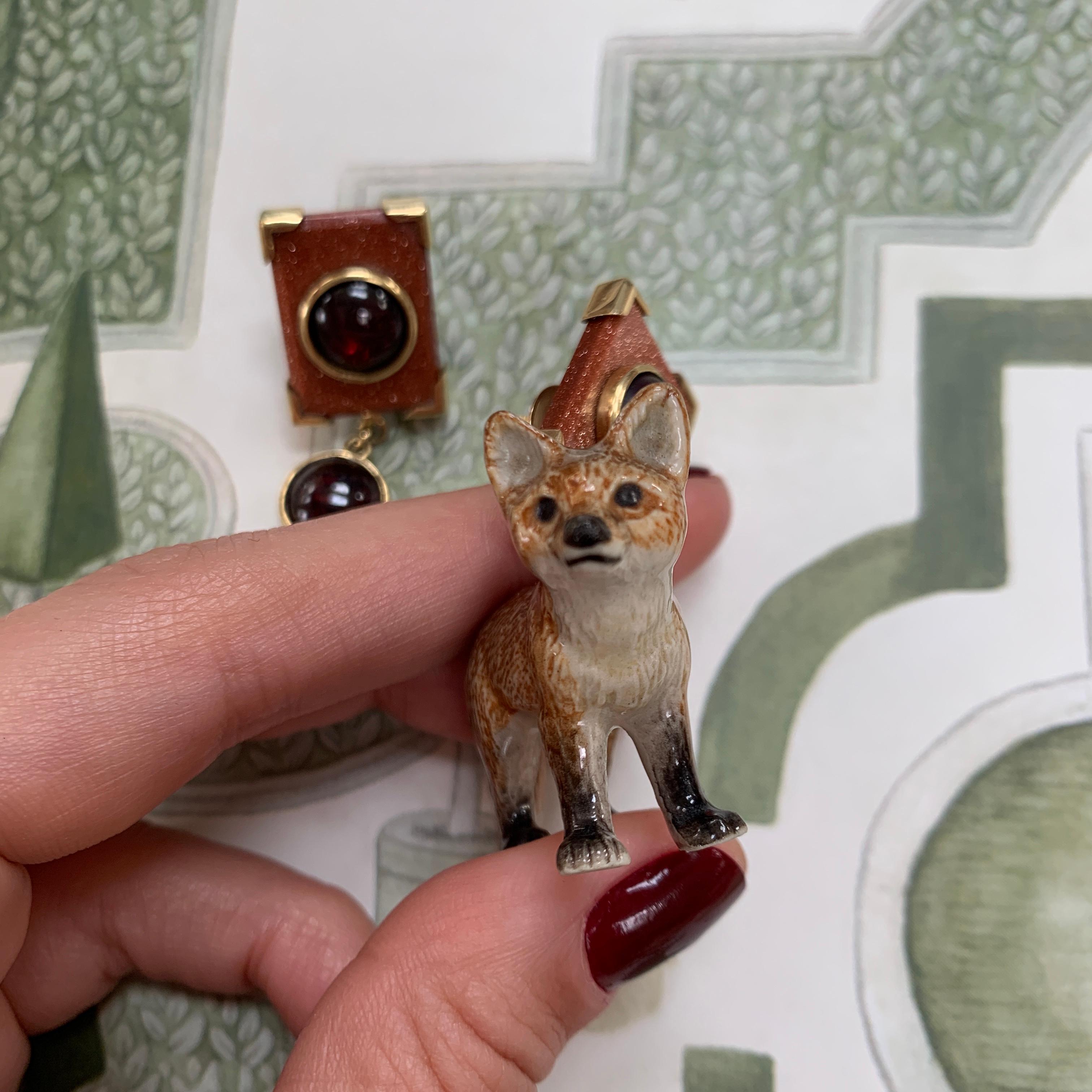 18 Carat Yellow Gold, Garnet, Goldstone and Painted Porcelain Fox Earrings For Sale 3