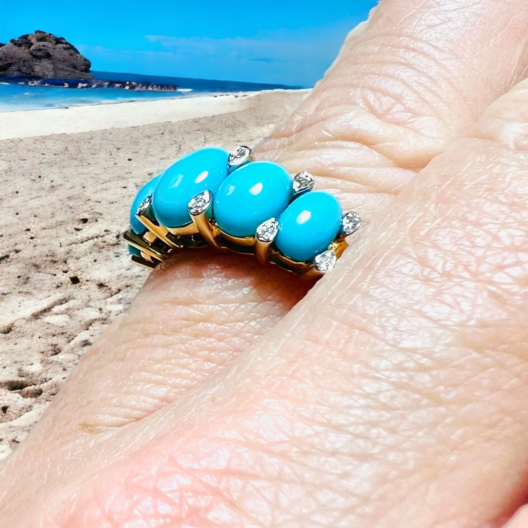 Contemporary 18-carat yellow gold garter ring set with 5 cabochons and pavé diamonds