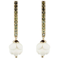18 Carat Yellow Gold, Green Tourmaline and Hand Carved Buffalo Bone Earrings