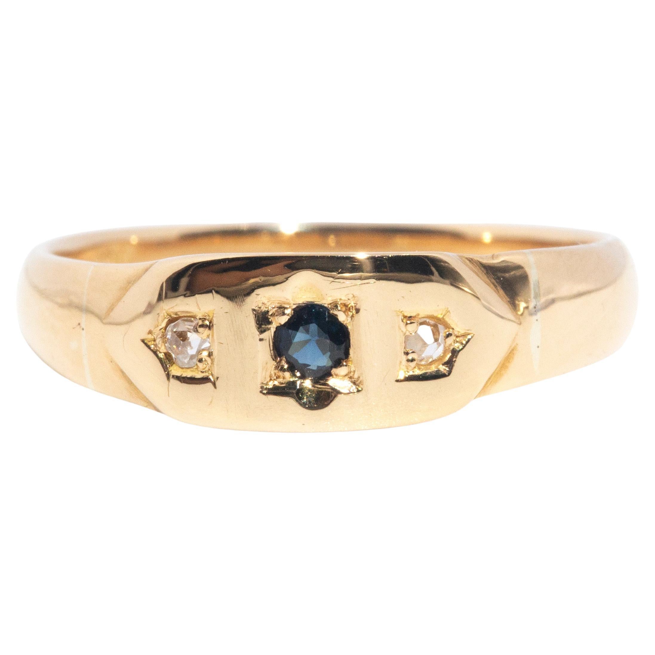 18 Carat Yellow Gold Hammer Set Sapphire and Diamond Vintage Three Stone  Ring at 1stDibs