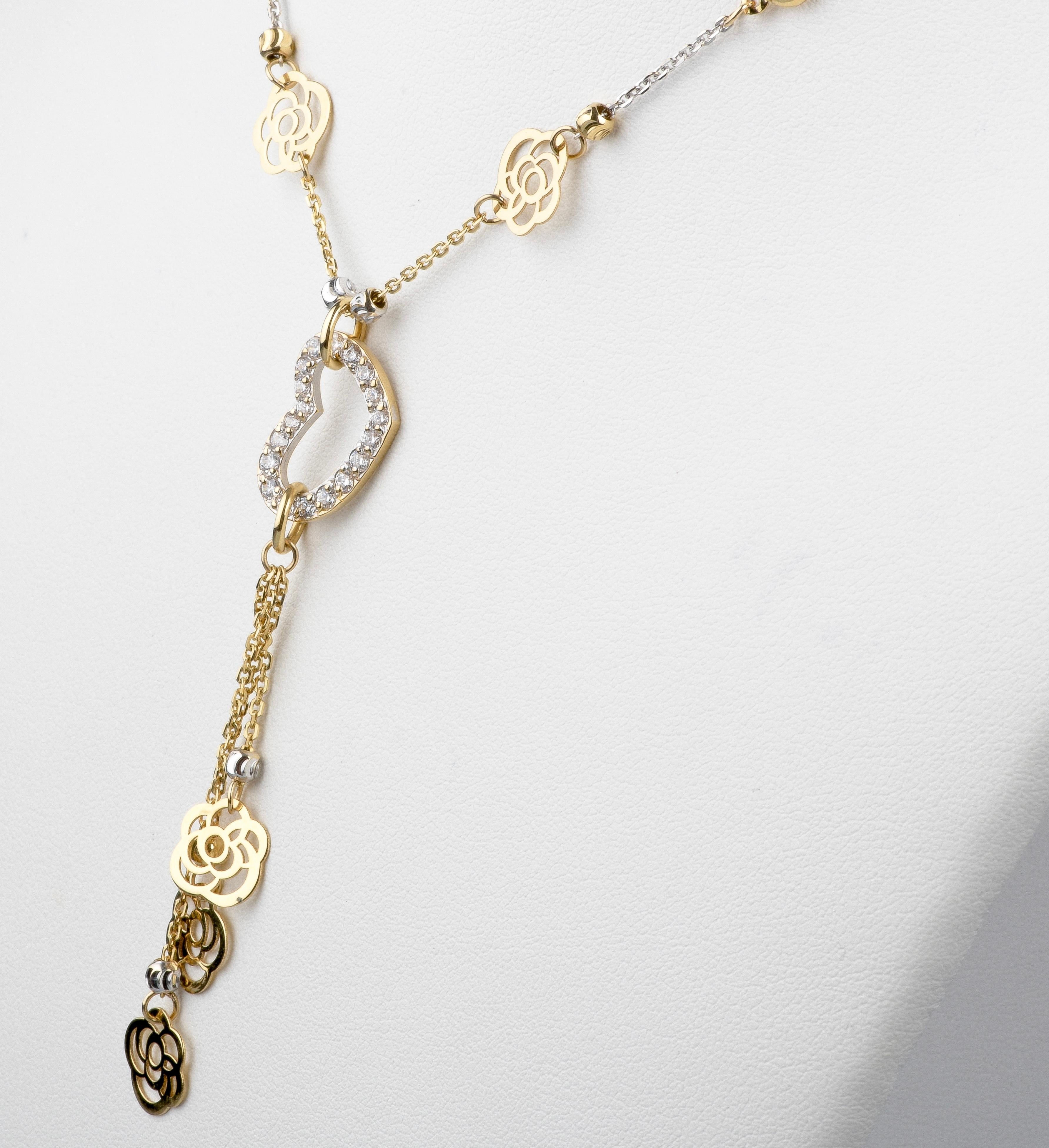 18 carat yellow gold hearts and flowers necklace  For Sale 1