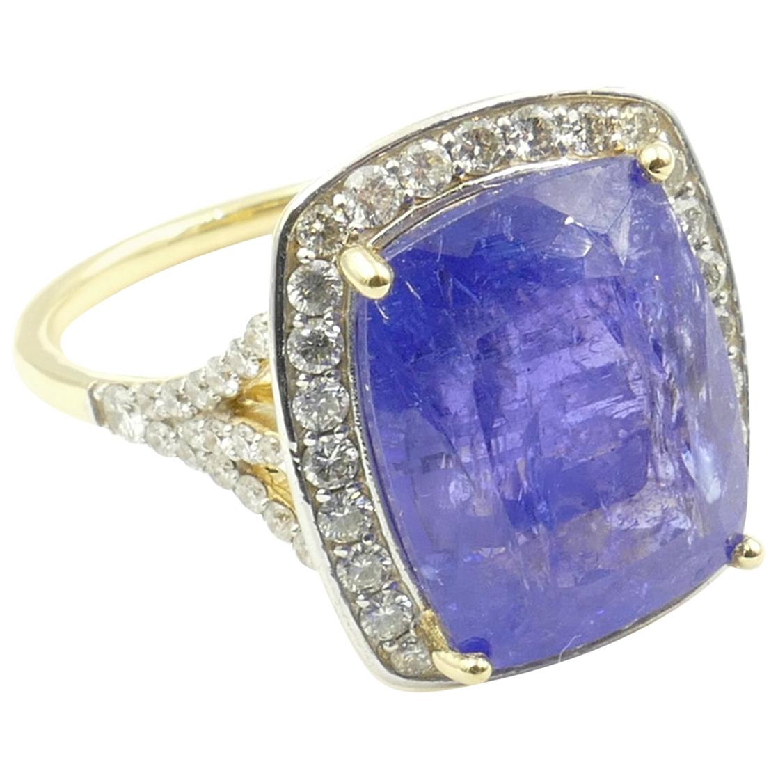 18 Carat Yellow Gold Large Tanzanite and 65 Diamond Dress Ring For Sale