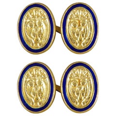 Vintage 18 Carat Yellow Gold Oval Shield Crested Blue Enamel Cufflinks