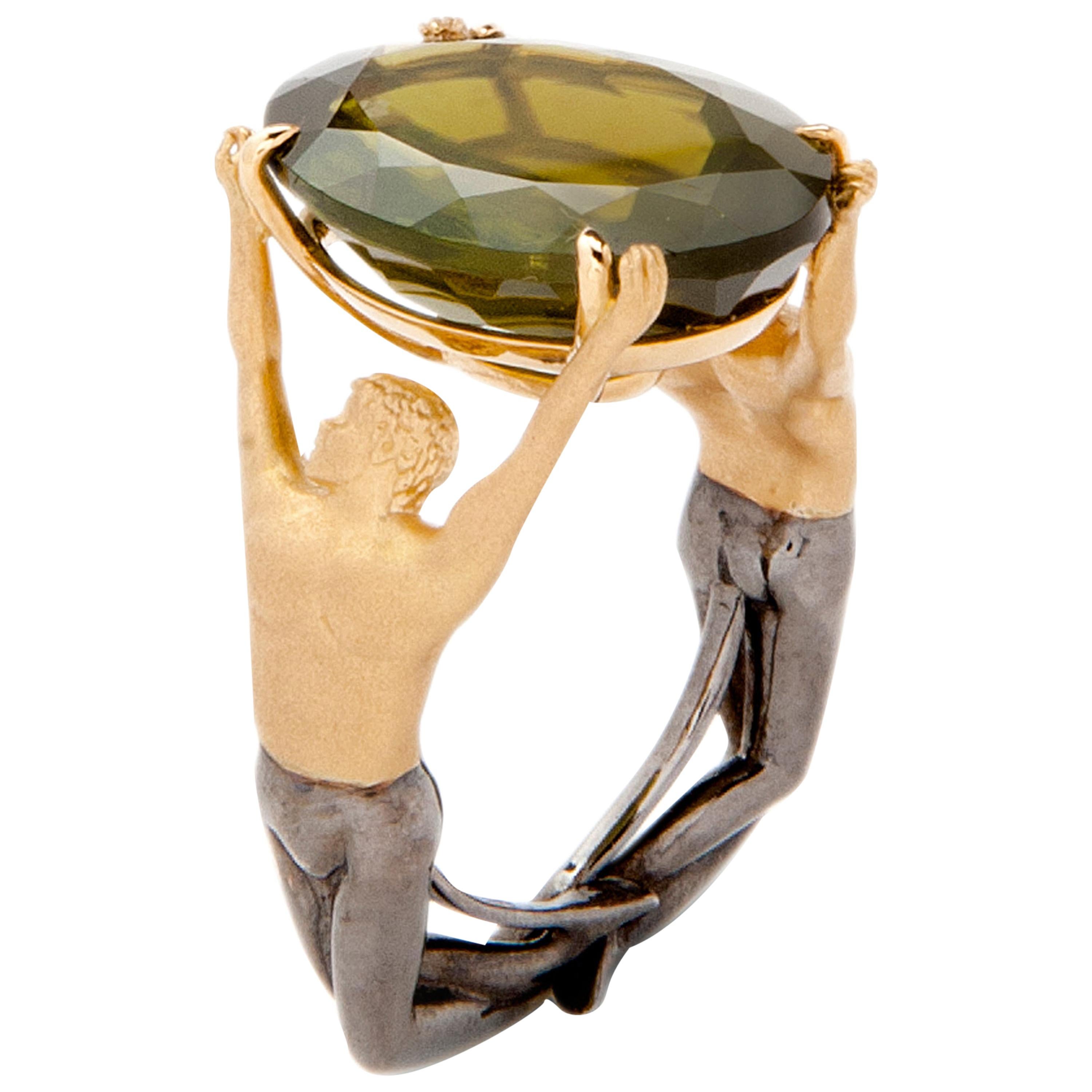 AENEA 18k Yellow Gold Peridot Cocktail Ring For Sale