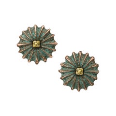 18 Carat Yellow Gold, Rhodium, Verdigris Brass and Yellow Sapphire Stud Earrings
