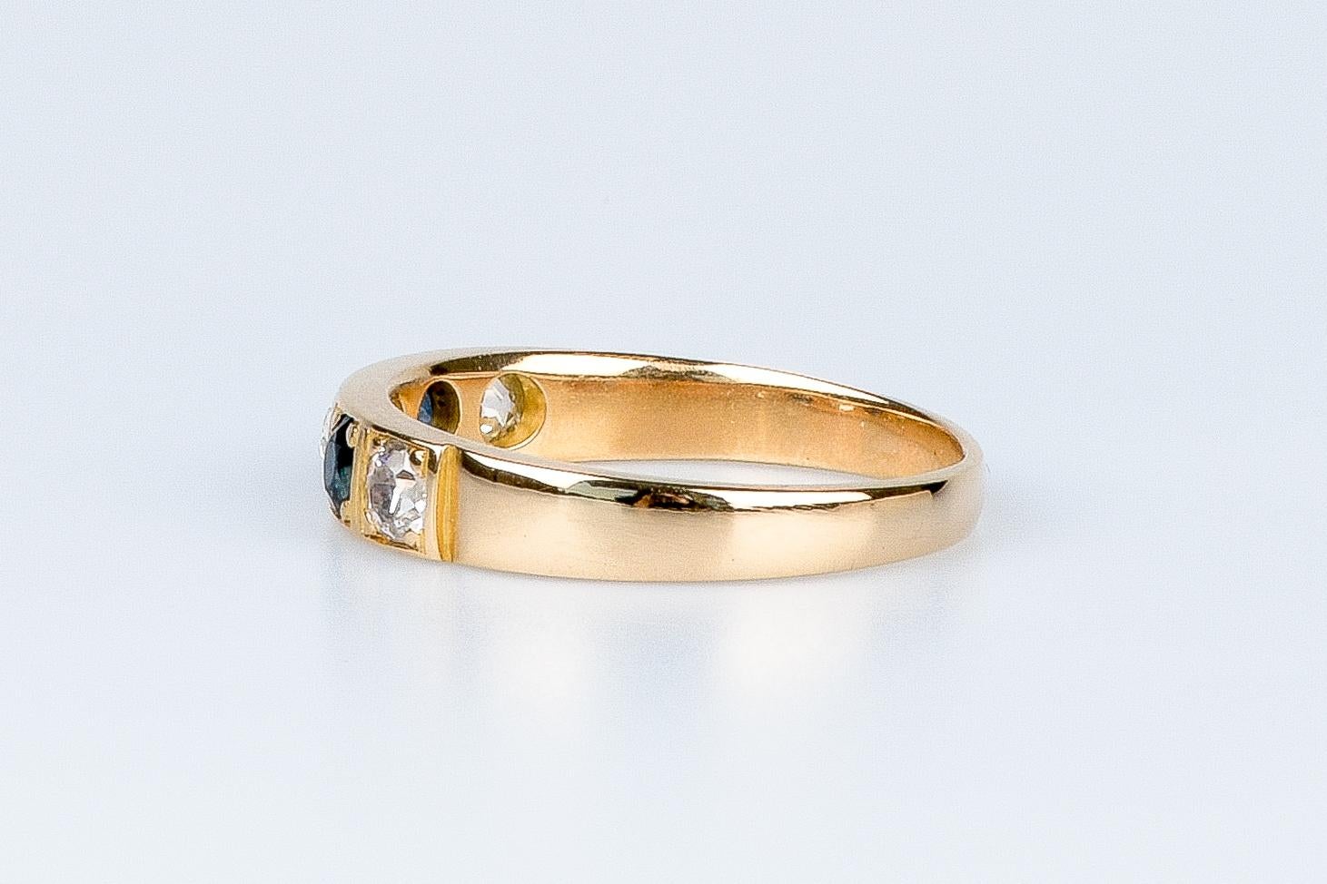 18 carat yellow gold ring designed with round brillant diamonds and sapphires For Sale 6