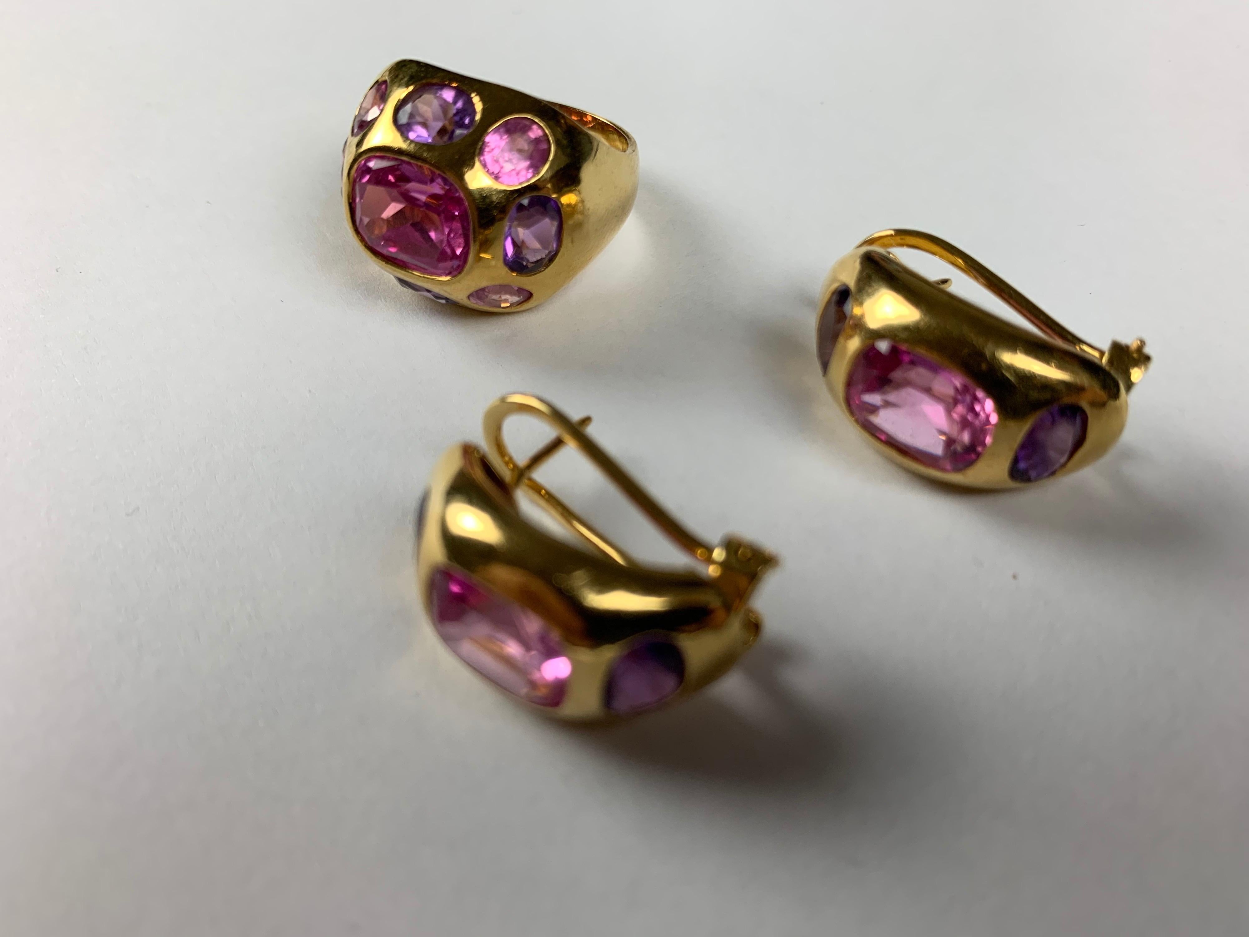 Set Of Ring And Earrings; 18 Carat Yellow Gold (4- 6 Carat) Pink Topaz With Purple Amethyst  