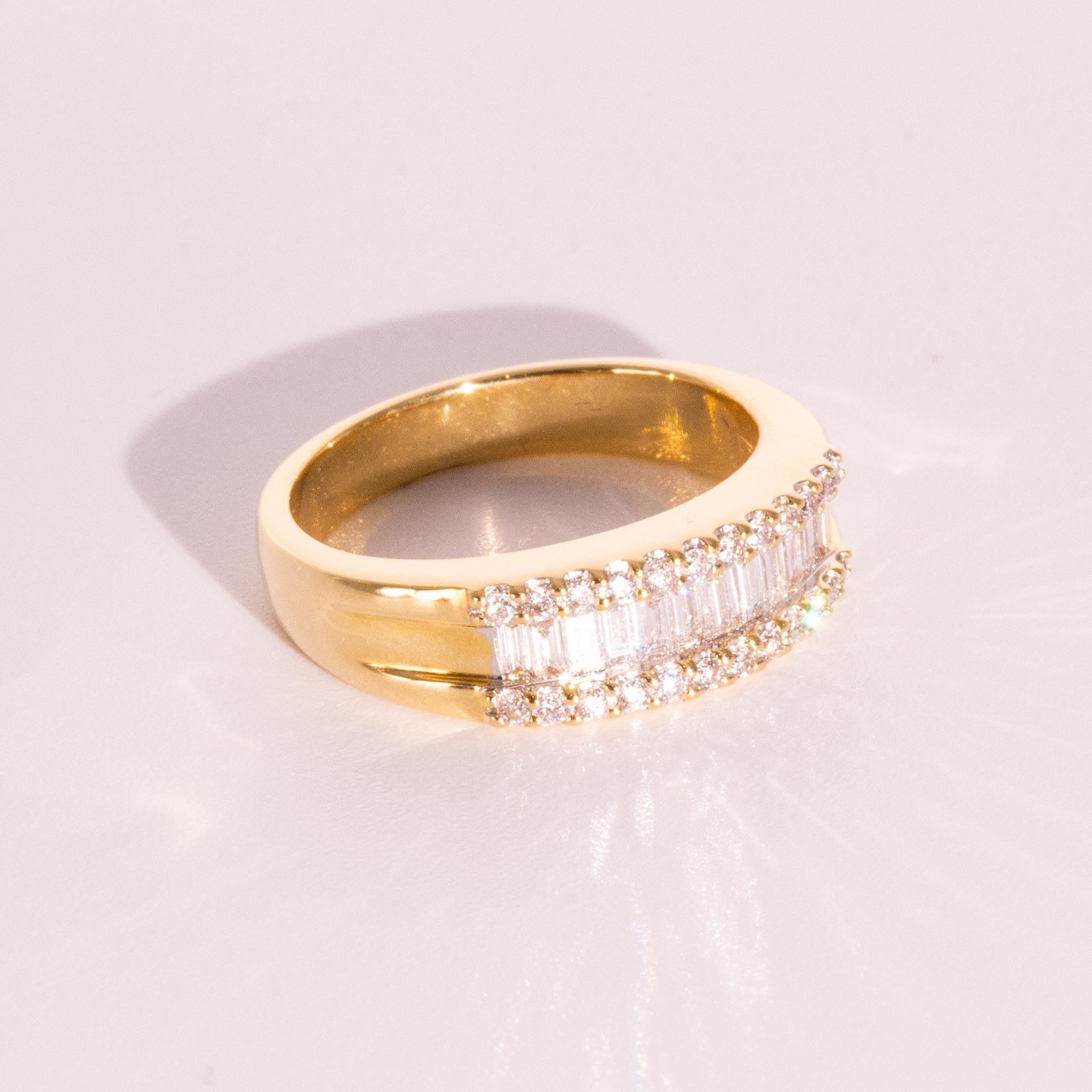 Forged in 18 carat yellow gold is this darling ring carefully set with round brilliant cut and baguette cut diamonds. We have named this charming ring The Marilla Ring. The Marilla Ring sits comfortably low to the finger which makes her the perfect