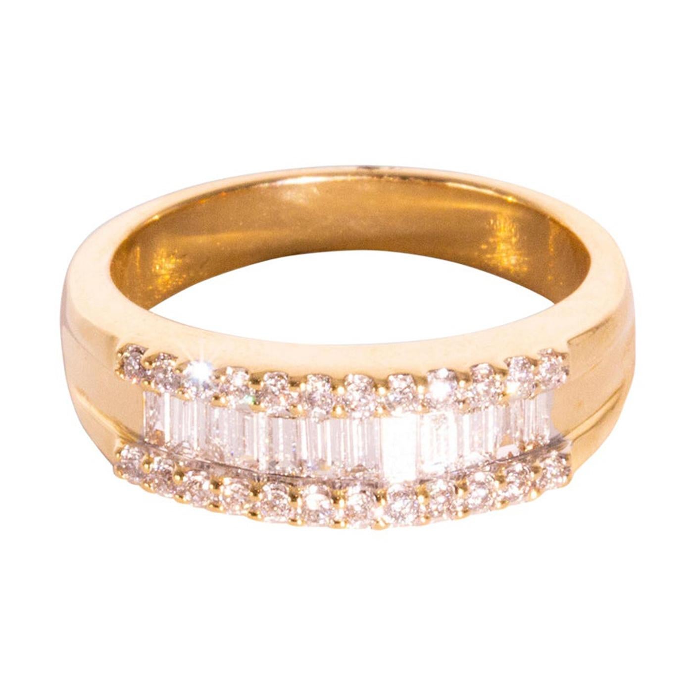 18 Carat Yellow Gold Round Brilliant Cut and Baguette Cut Diamond Band Ring