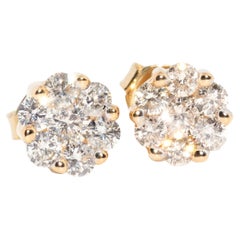 18 Carat Yellow Gold Round Brilliant Diamond Flower Cluster Stud Earrings