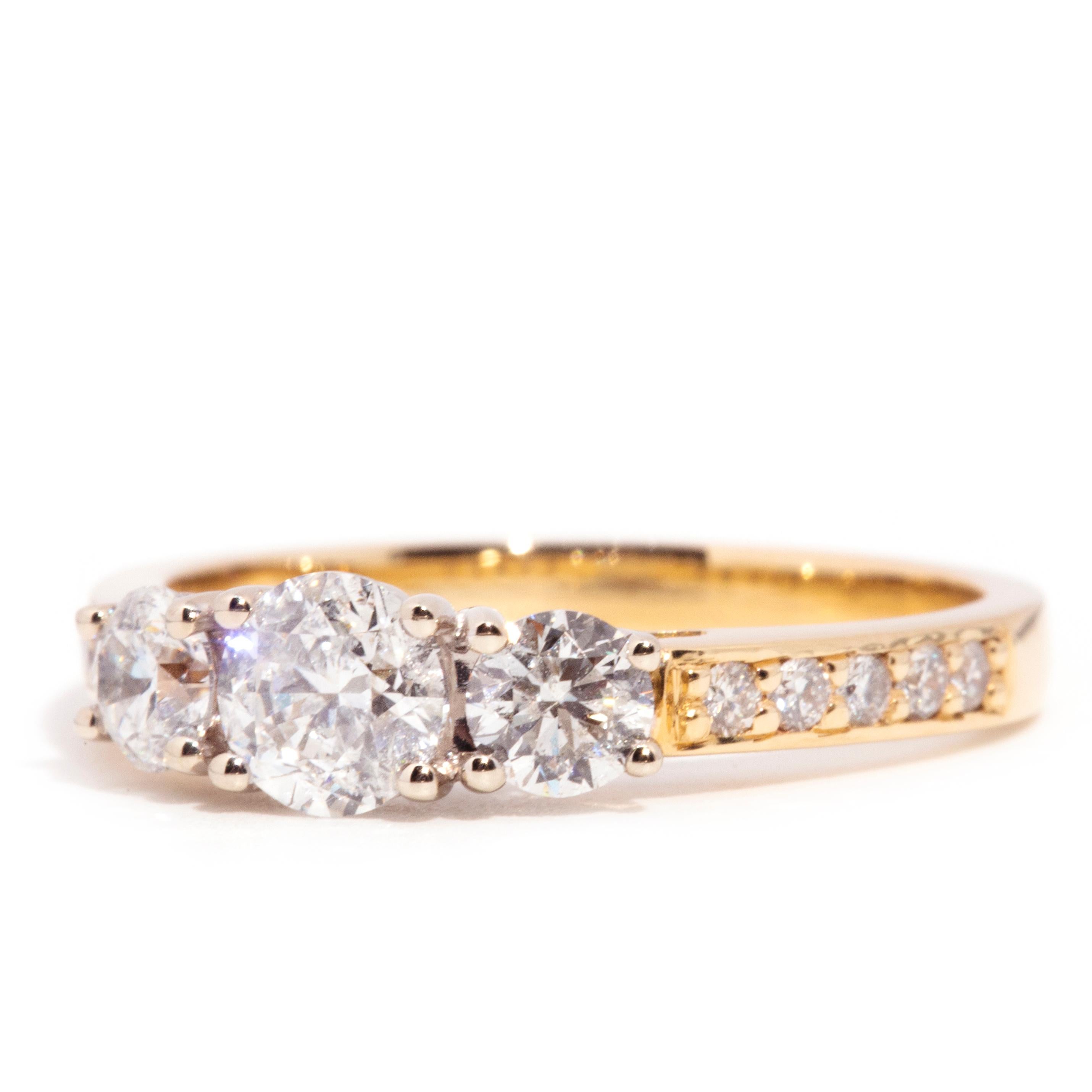 Women's 18 Carat Yellow Gold Round Brilliant Diamond Three Stone Vintage Engagement Ring