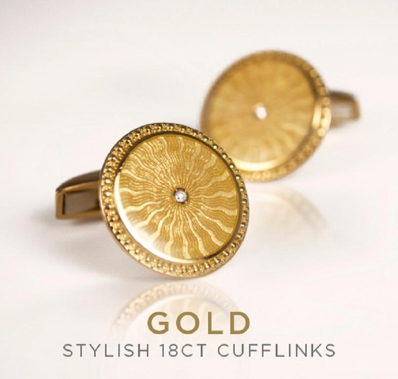 Contemporary 18 Carat Yellow Gold Round Cufflinks with Clear Enamel and Diamond Centre For Sale