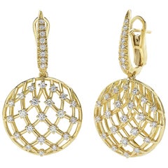 18 Carat Yellow Gold Round Cut Diamonds Dangle Earrings