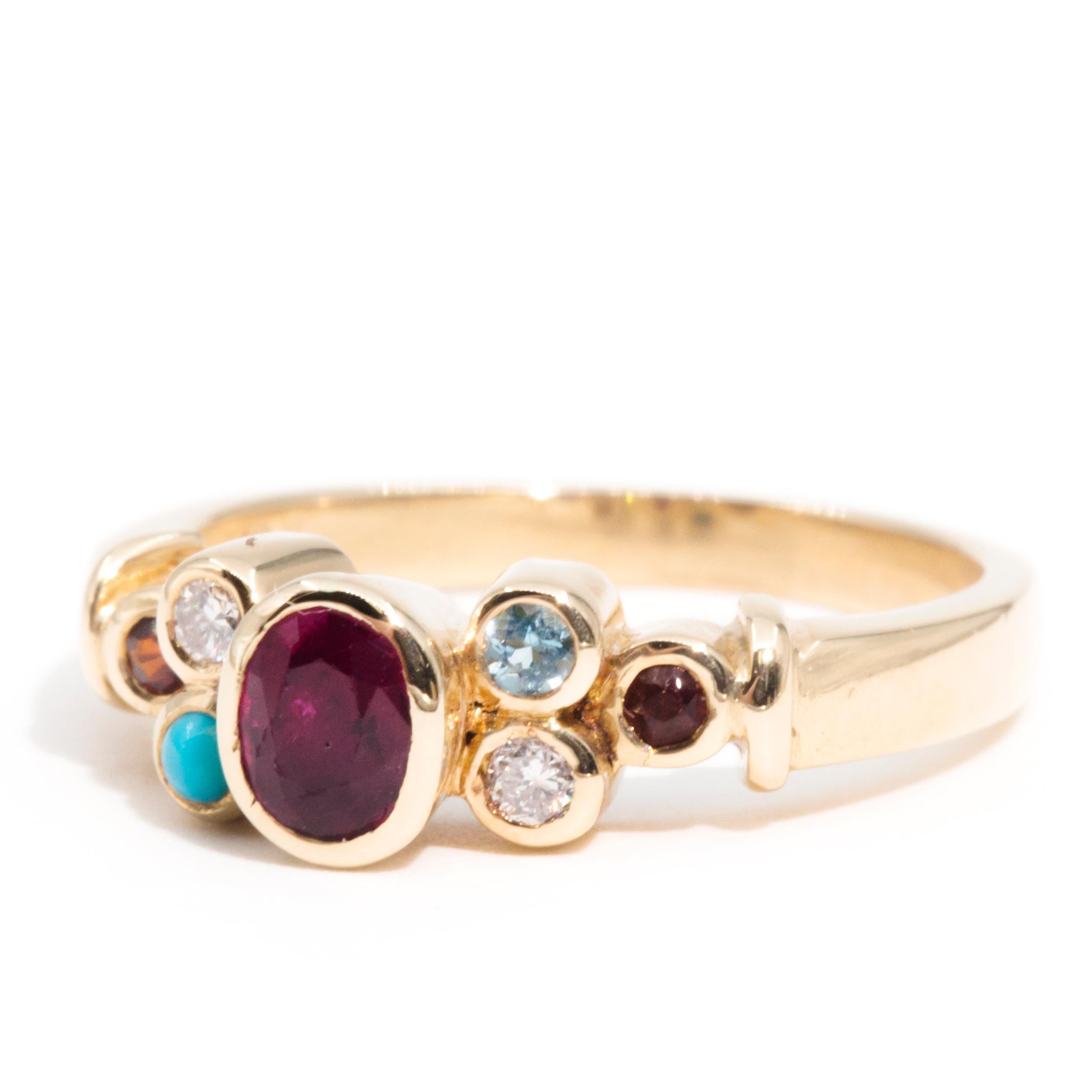 18 Carat Yellow Gold Ruby and Diamond and Gemstone Vintage Cluster Ring 4