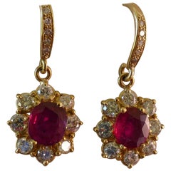 18 Carat Yellow Gold Ruby and Diamond Cluster Drop Earrings