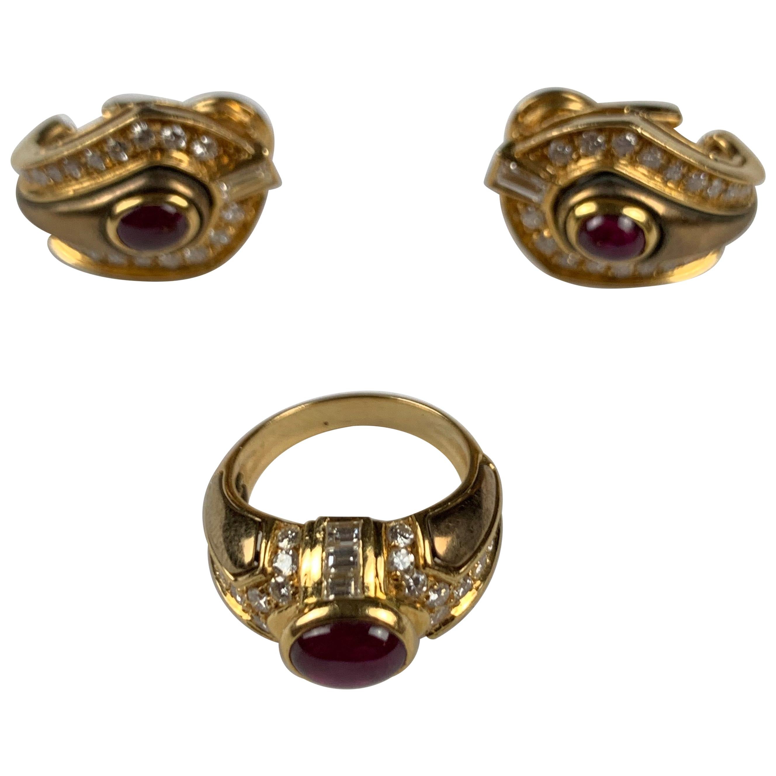 18 Carat Yellow Gold Ruby and Diamond Earrings and Ring