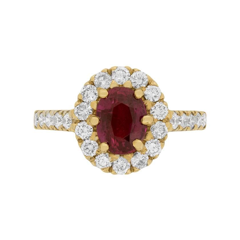 18 Carat Yellow Gold Ruby and Diamond Halo Ring