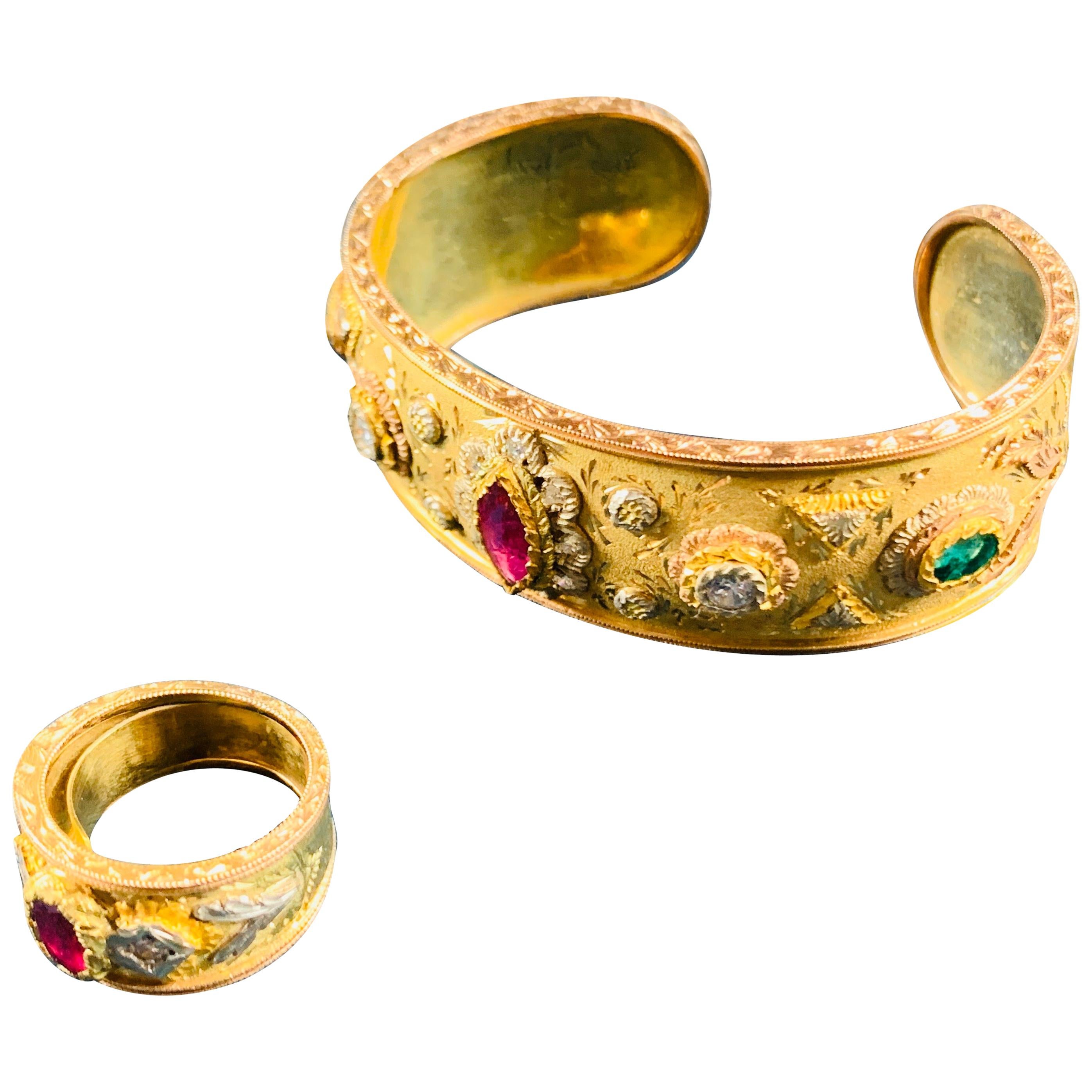 18 Carat Yellow Gold, Ruby, Diamond, Emerald Cuff Bracelet and Ring