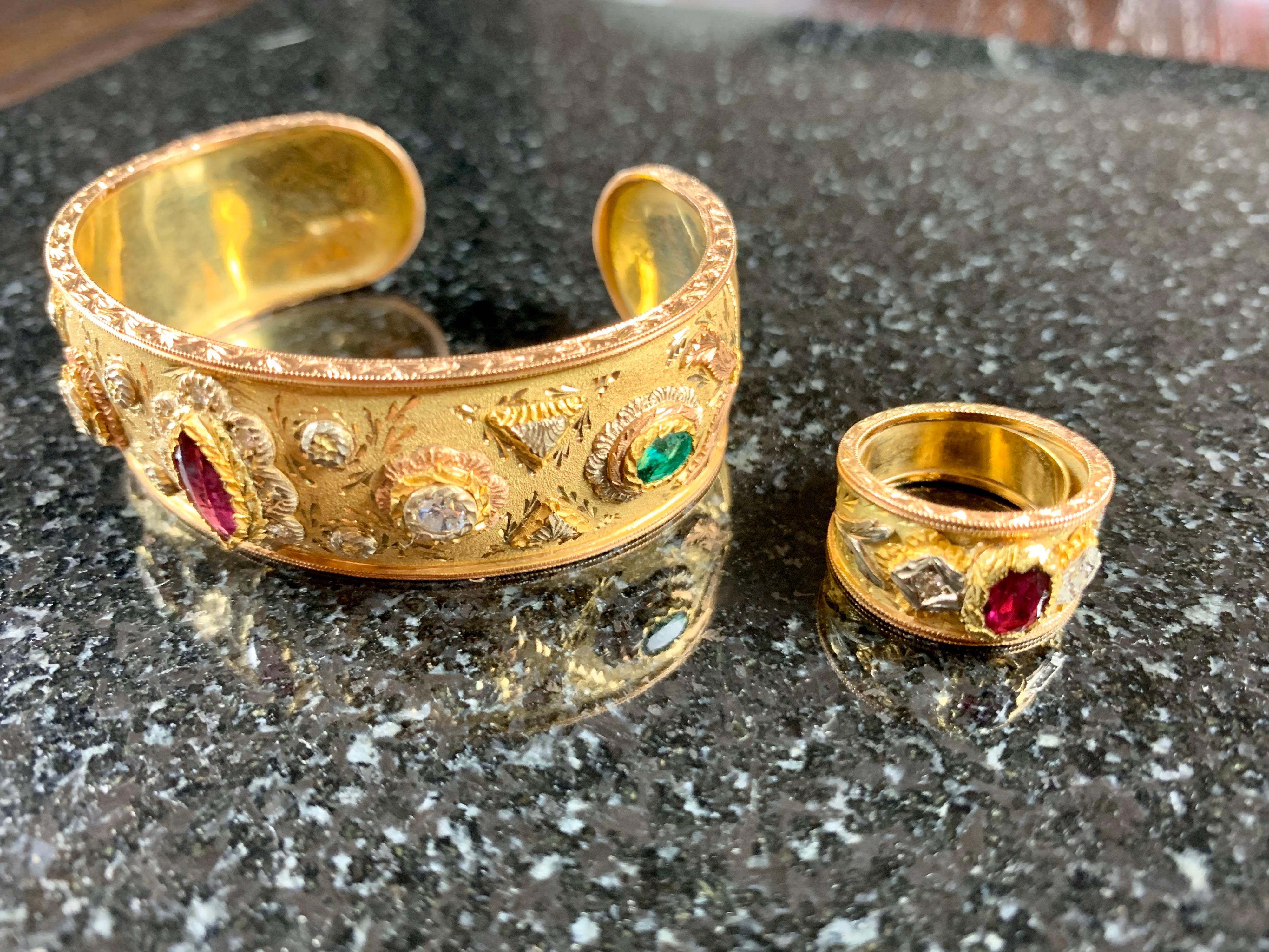 18 Carat Yellow Gold, Ruby, Diamond, Emerald Cuff Bracelet and Ring For Sale 8