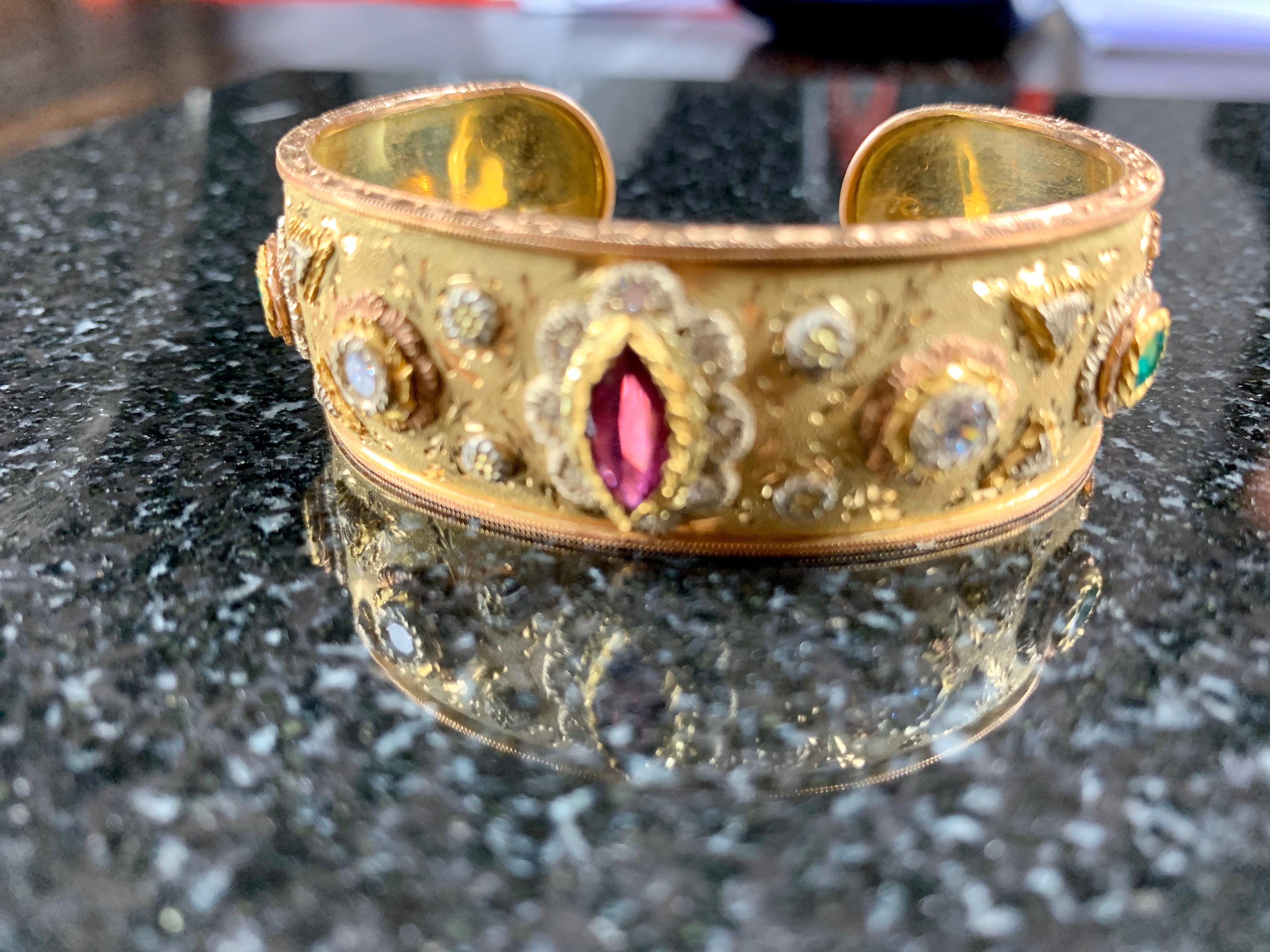 18 Carat Yellow Gold, Ruby, Diamond, Emerald Cuff Bracelet and Ring For Sale 11