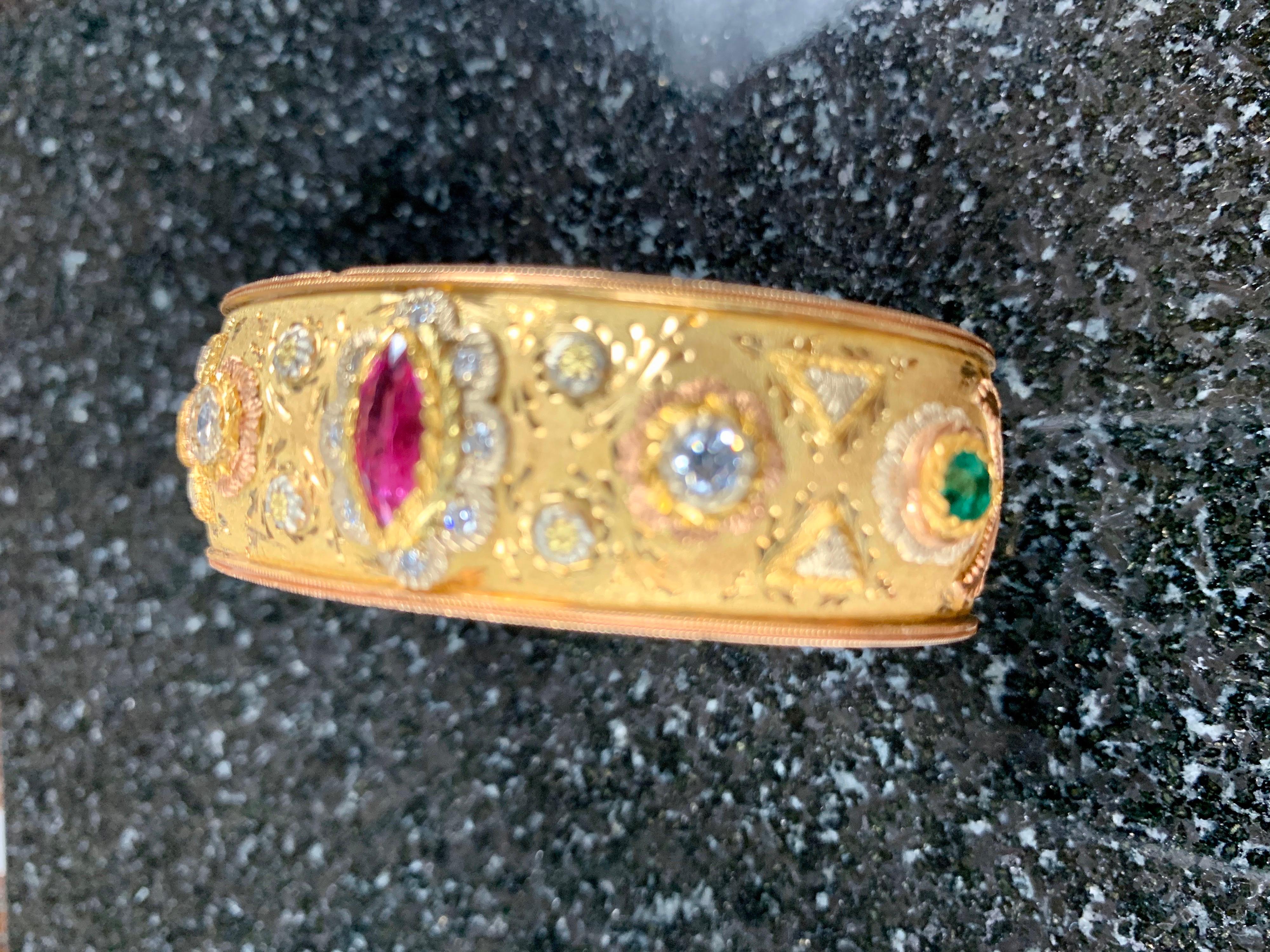 18 Carat Yellow Gold, Ruby, Diamond, Emerald Cuff Bracelet and Ring For Sale 13