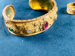 18 Carat Yellow Gold, Ruby, Diamond, Emerald Cuff Bracelet and Ring